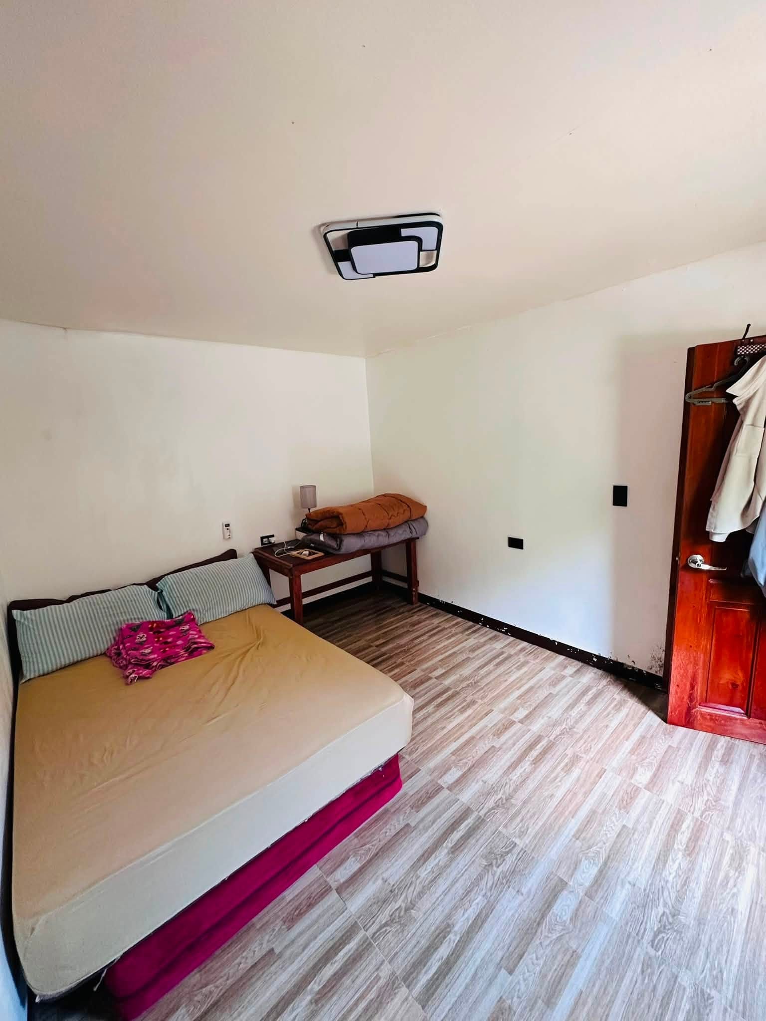 Master bedroom queen bed with striped pillows, a lamp on the side table and the wooden door with hangers
